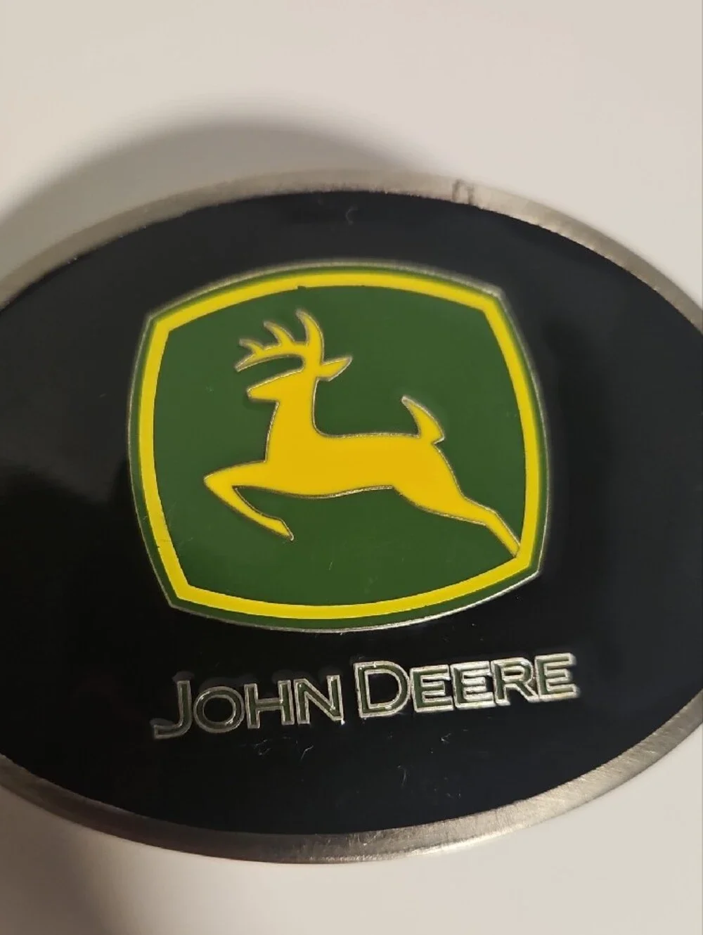 John Deere Black, Green & Yellow Enamel And Pewter Oval Belt Buckle